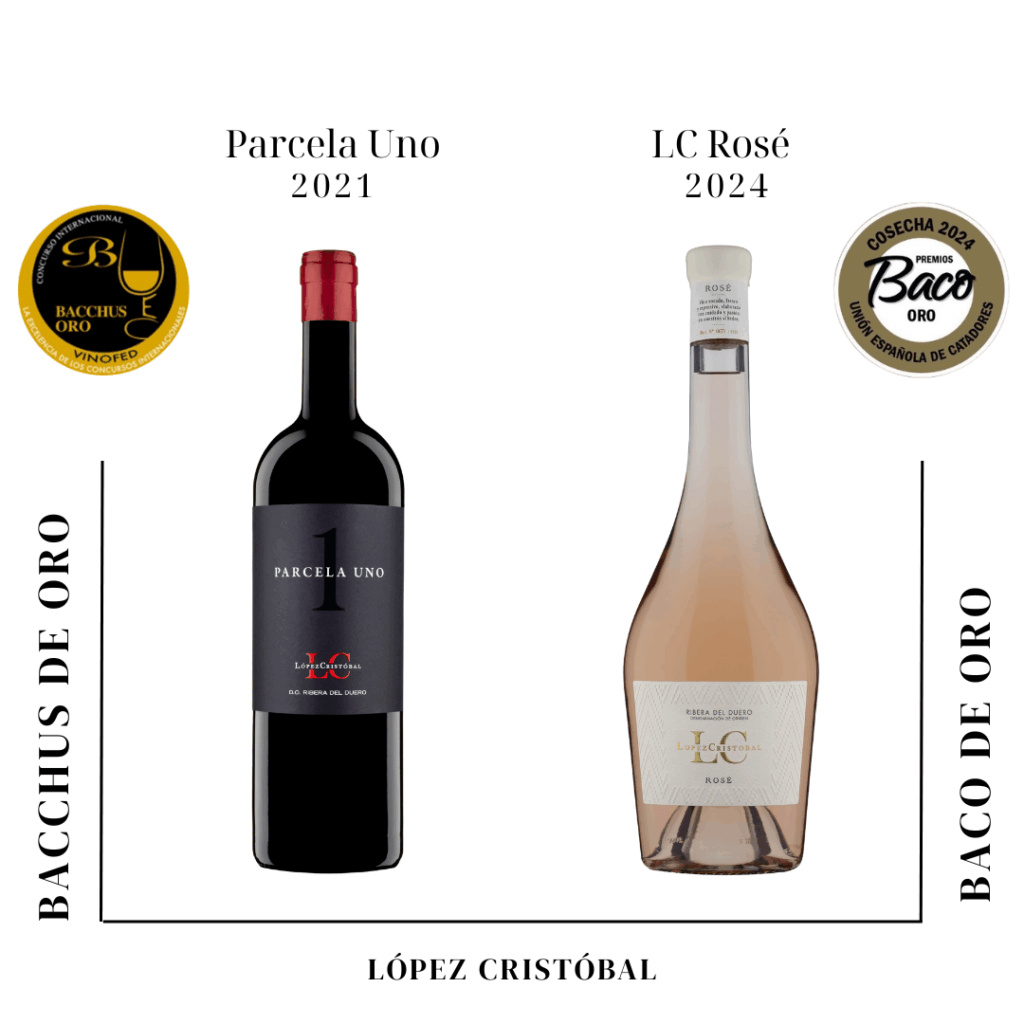 Visual de los premios Bacchus 2025 y Baco Cosecha 2024. Parcela Uno y LC Rosé medalla de oro